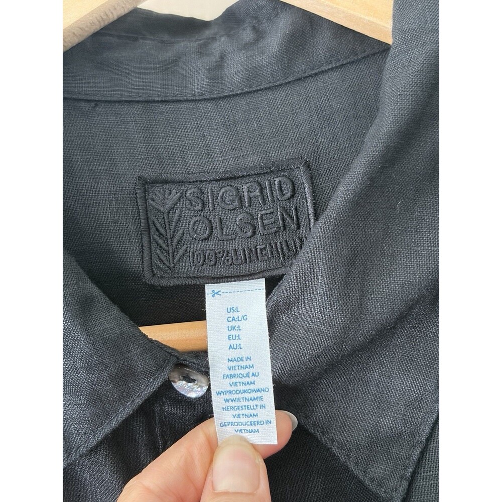 Sigrid Olsen Wmn Large Black 100% Linen Shirt Lagenlook Boho Boxy Button Down - Picture 2 of 8